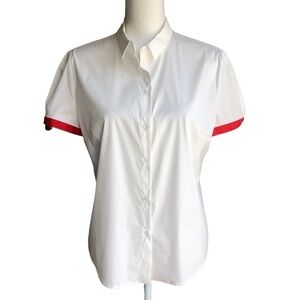 Piazza Sempione Short Sleeve Button Front Blouse White Red Trim Large